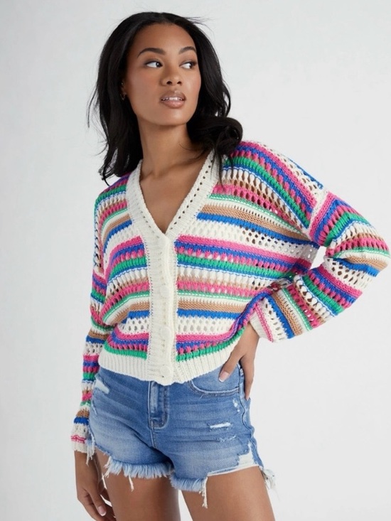 Vigoss Sweaters - Vigoss Multicolor Striped Open-Knit V-Neck Cardigan